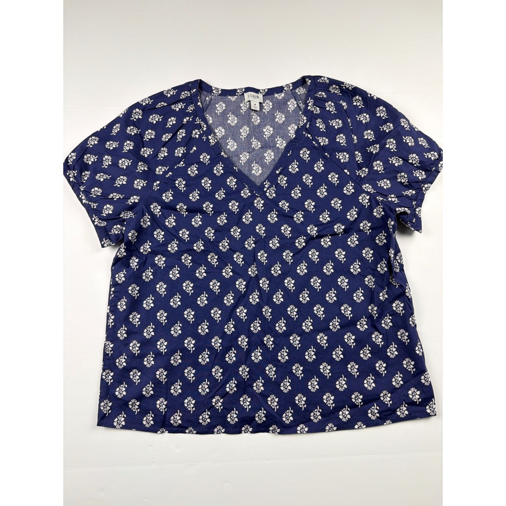 J.Crew Womens Navy Blue White Floral V-Neck Puff Sleeve Blouse Top Size M